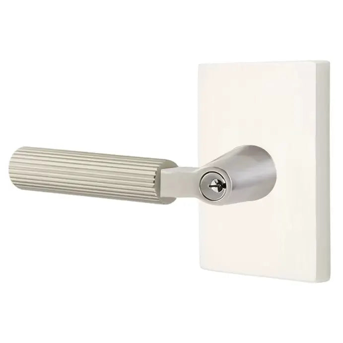 Emtek Straight Knurled Lever with L-Square Stem and Modern Rectangular Rose by Emtek