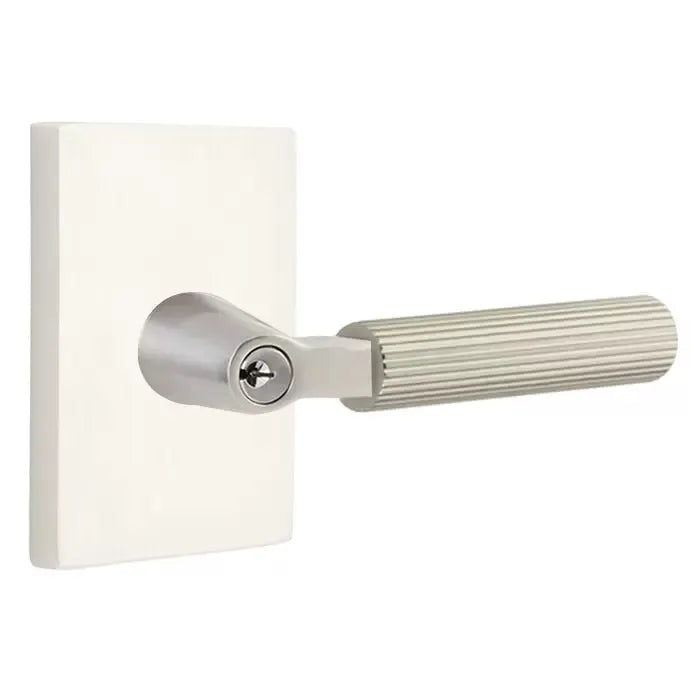 Emtek Straight Knurled Lever with L-Square Stem and Modern Rectangular Rose by Emtek