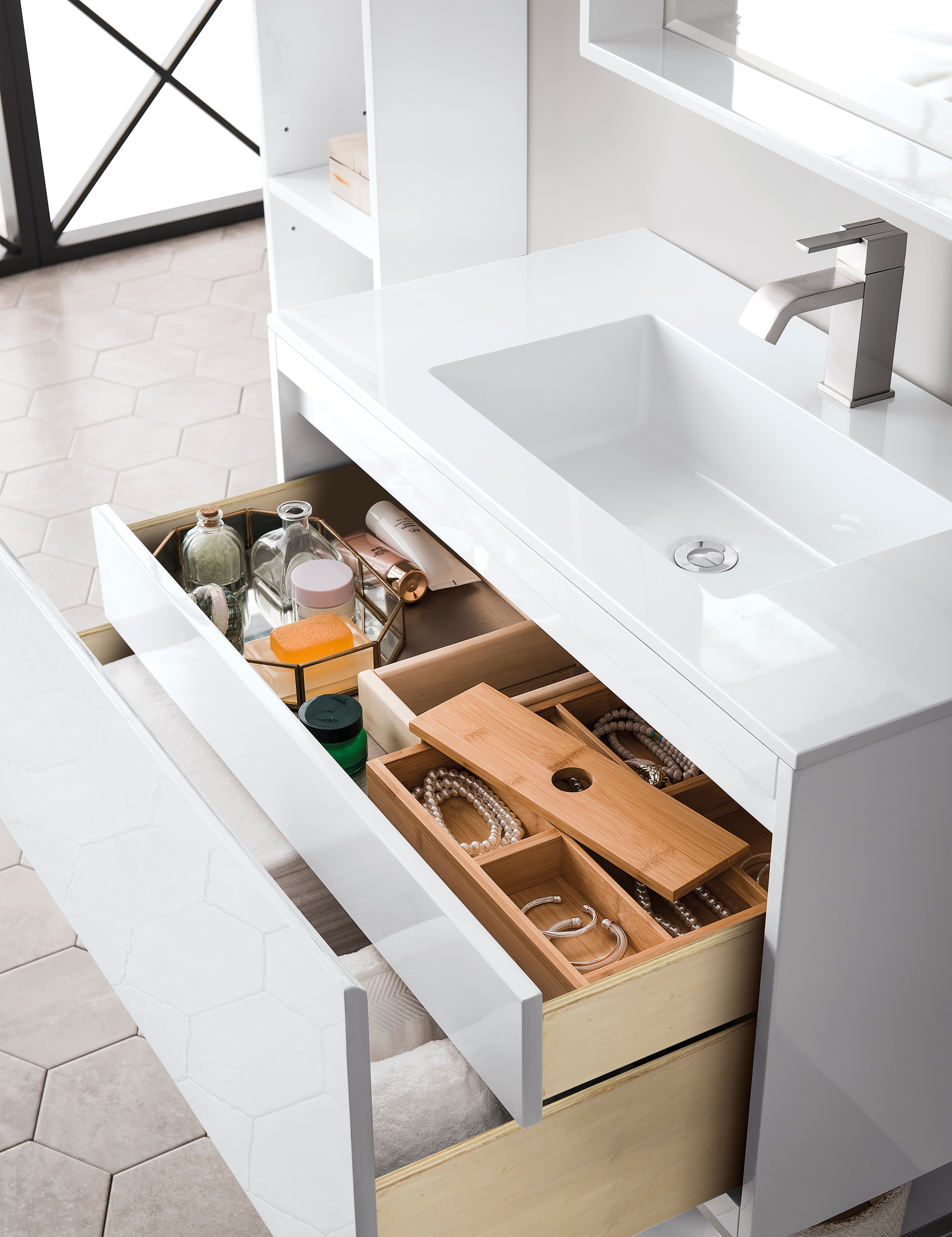 glossy white composite stone top vanity