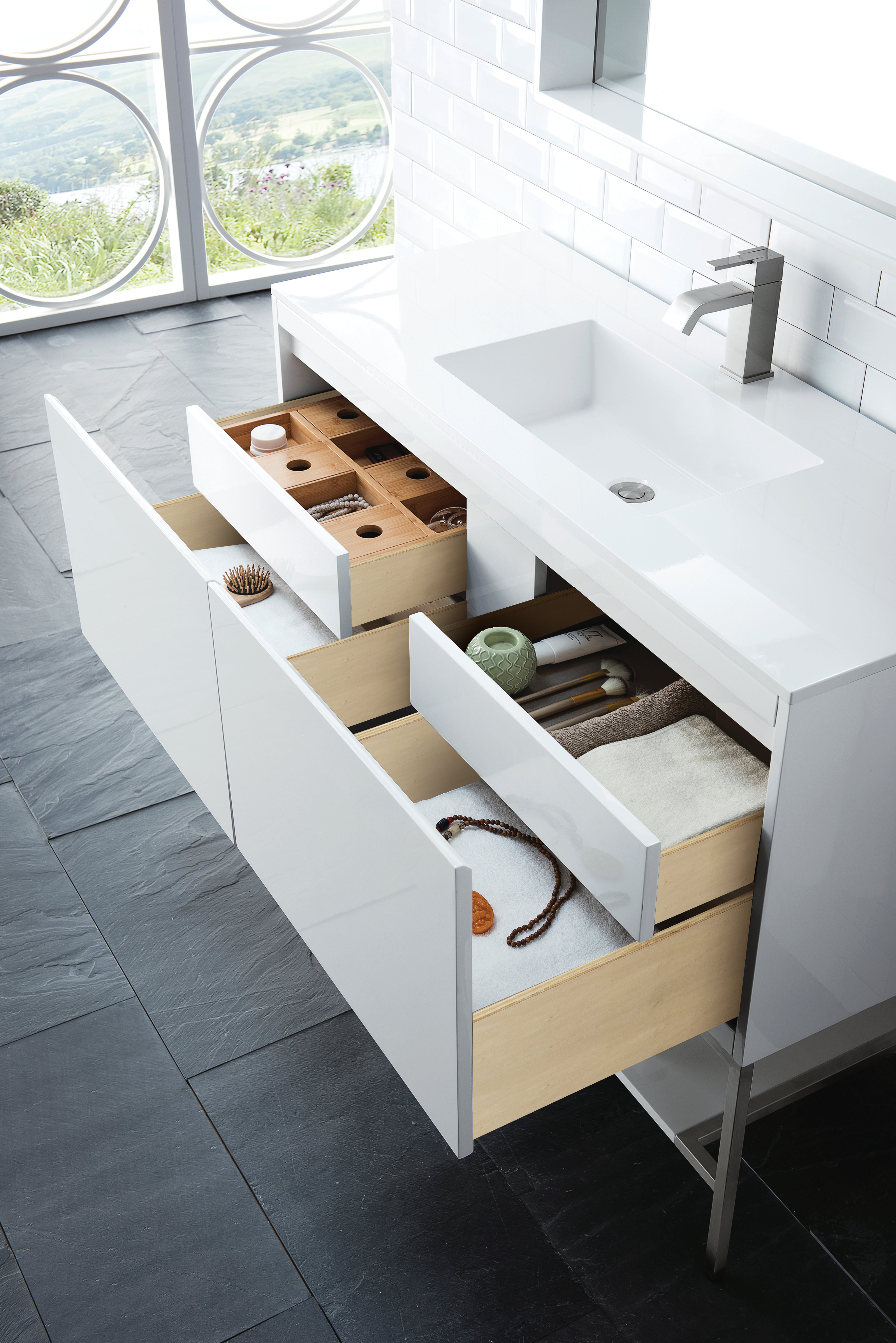 glossy white composite stone top vanity