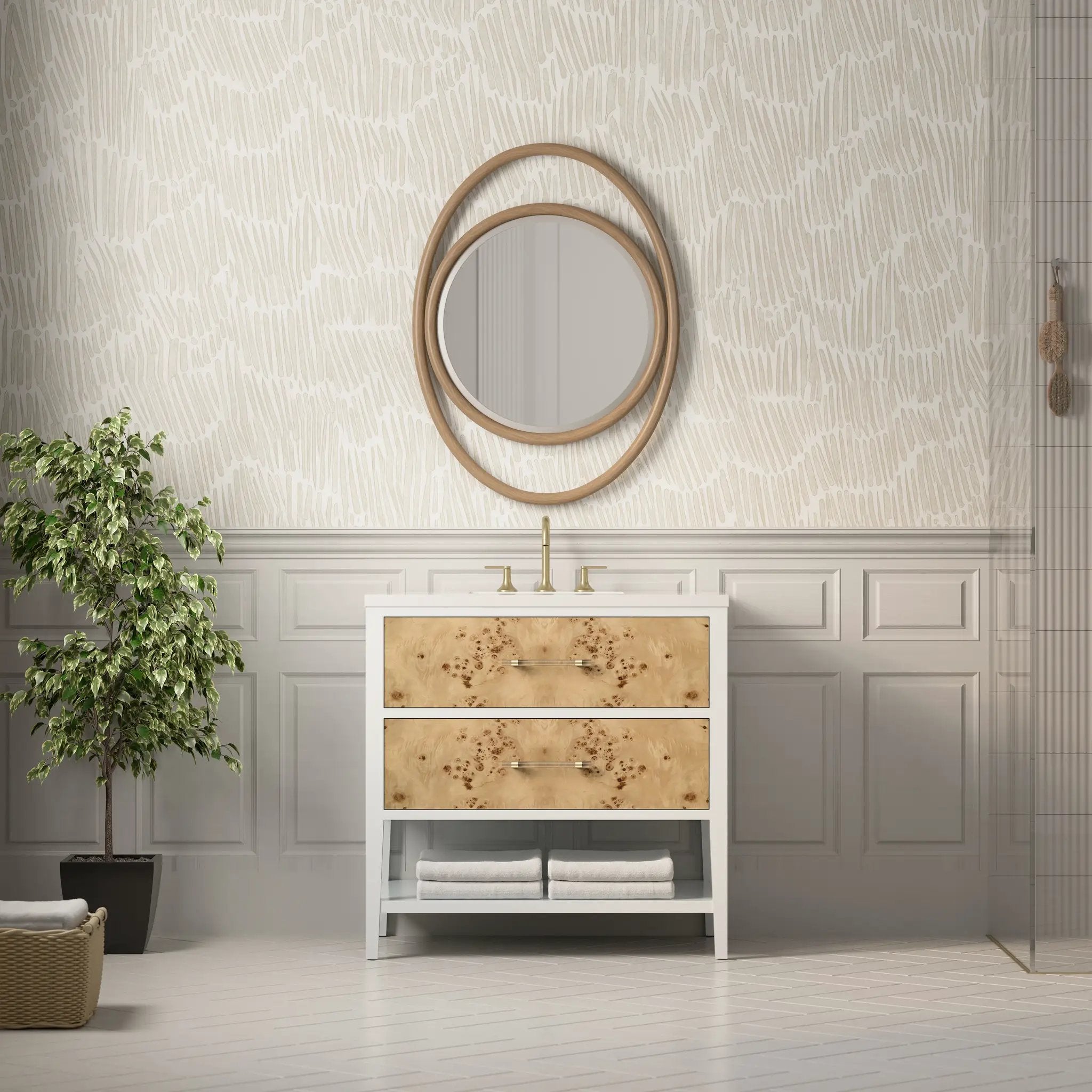 polished white and light mappa burl vanity