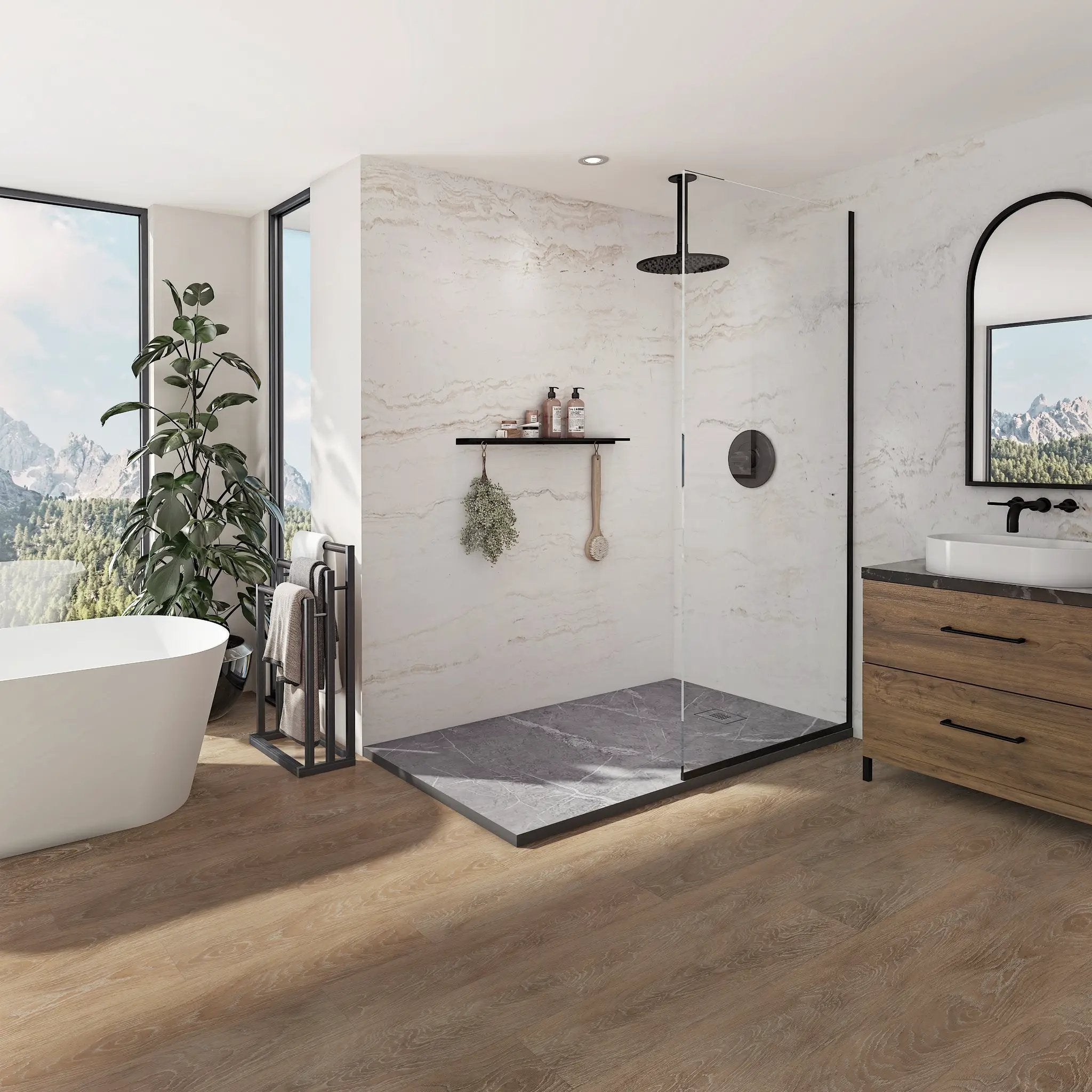 Neptune Pietra Stone Composite Alcove or Corner Shower Base with End Drain by Neptune