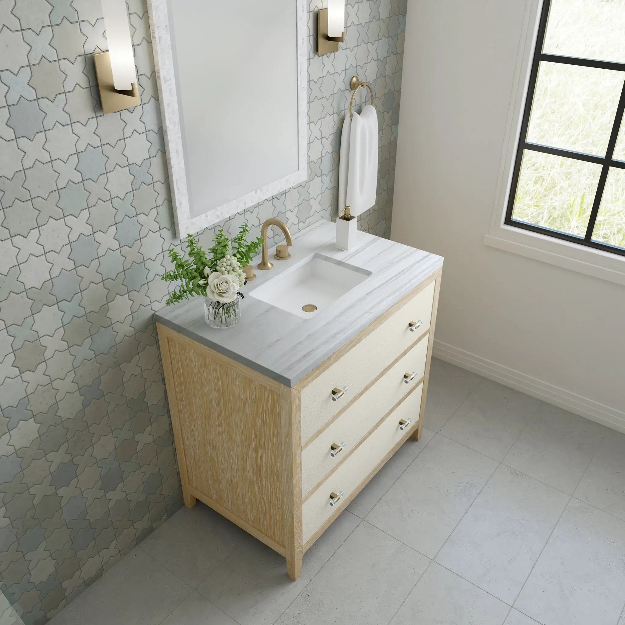 sunwashed oak with embossed shagreen drawer fronts vanity