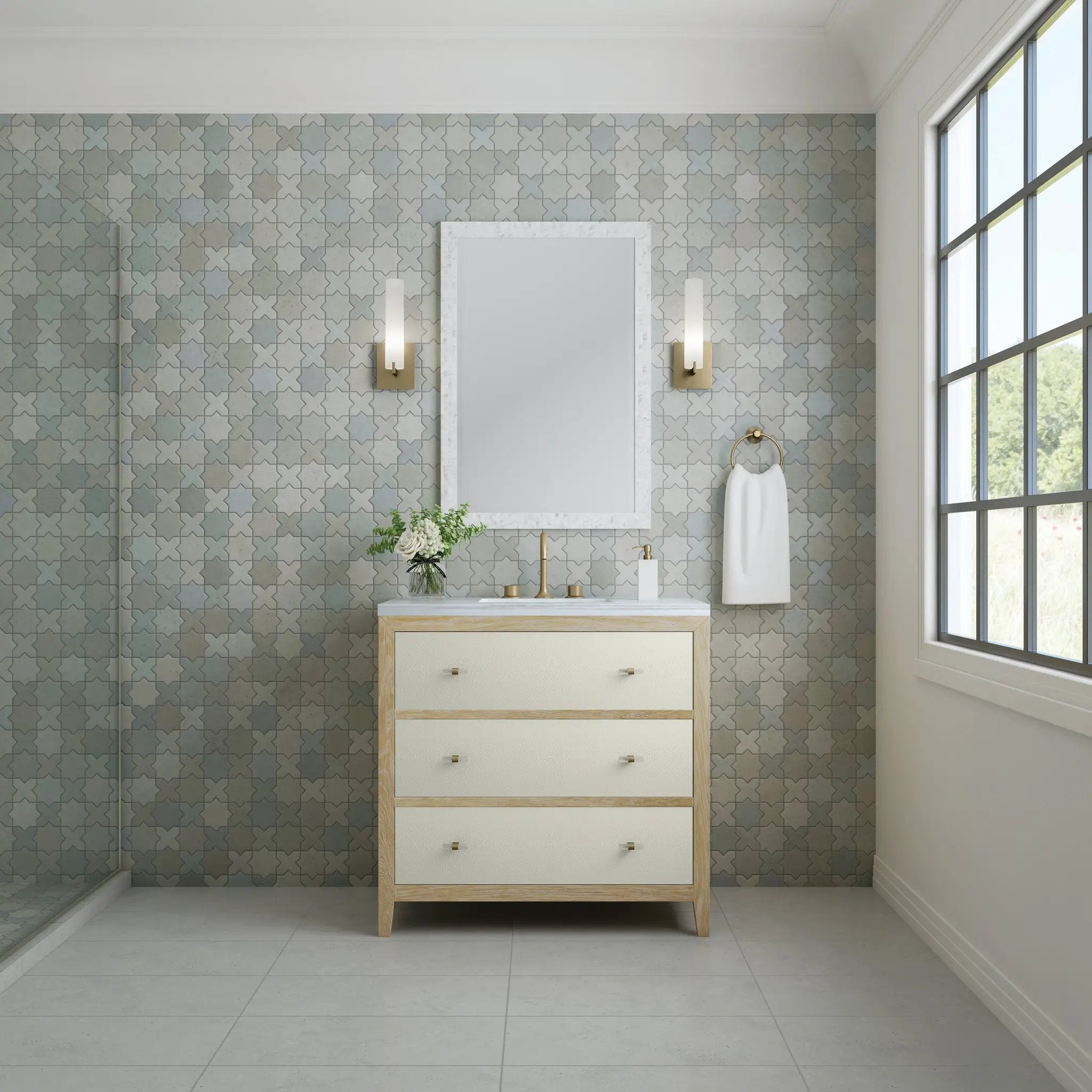 sunwashed oak with embossed shagreen drawer fronts vanity