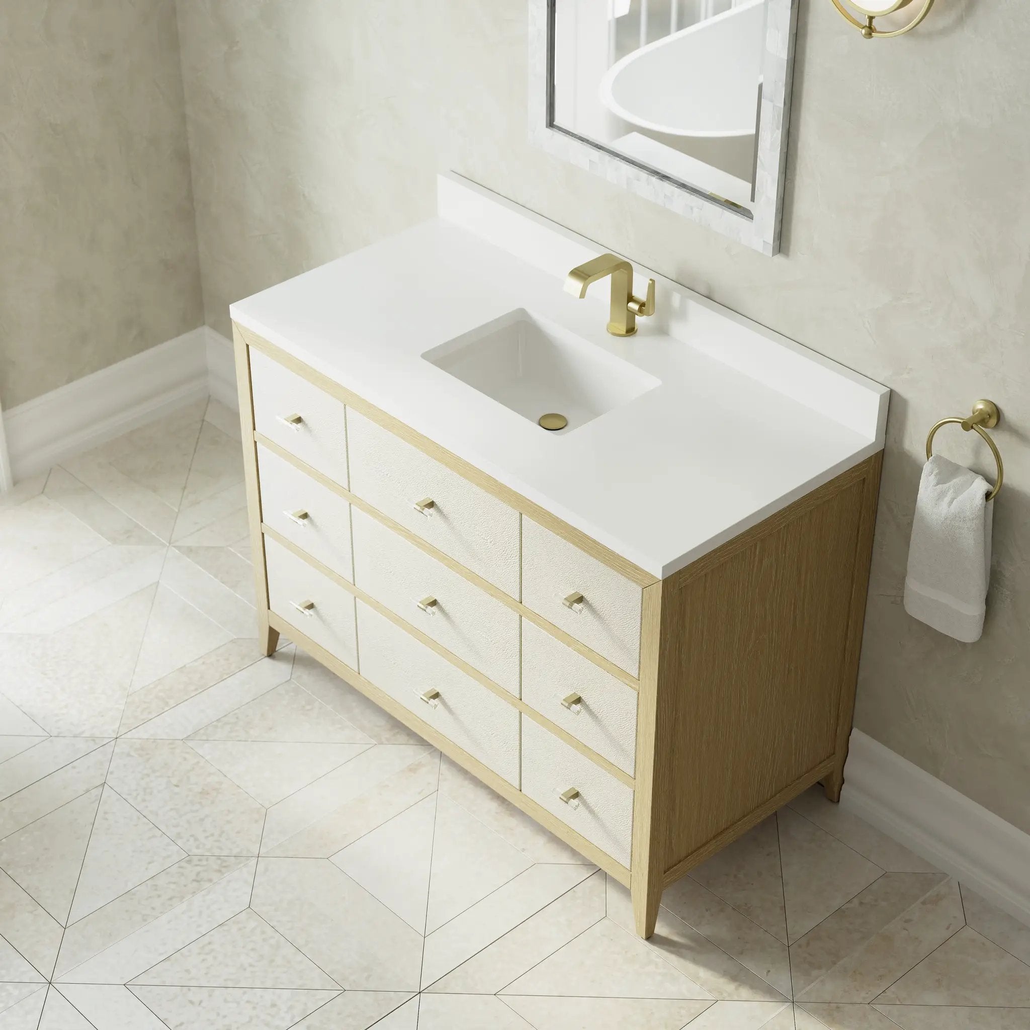 sunwashed oak with embossed shagreen drawer fronts vanity
