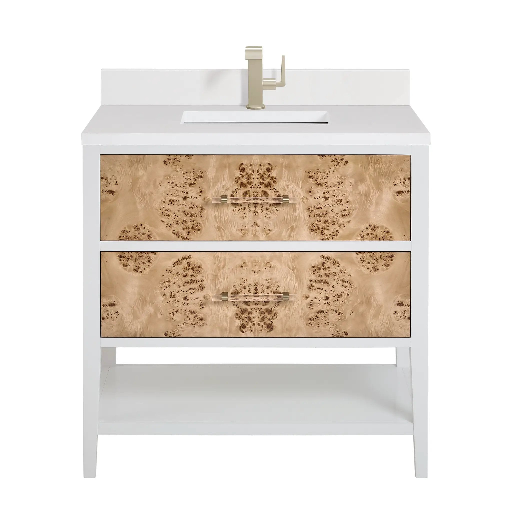 polished white and light mappa burl vanity