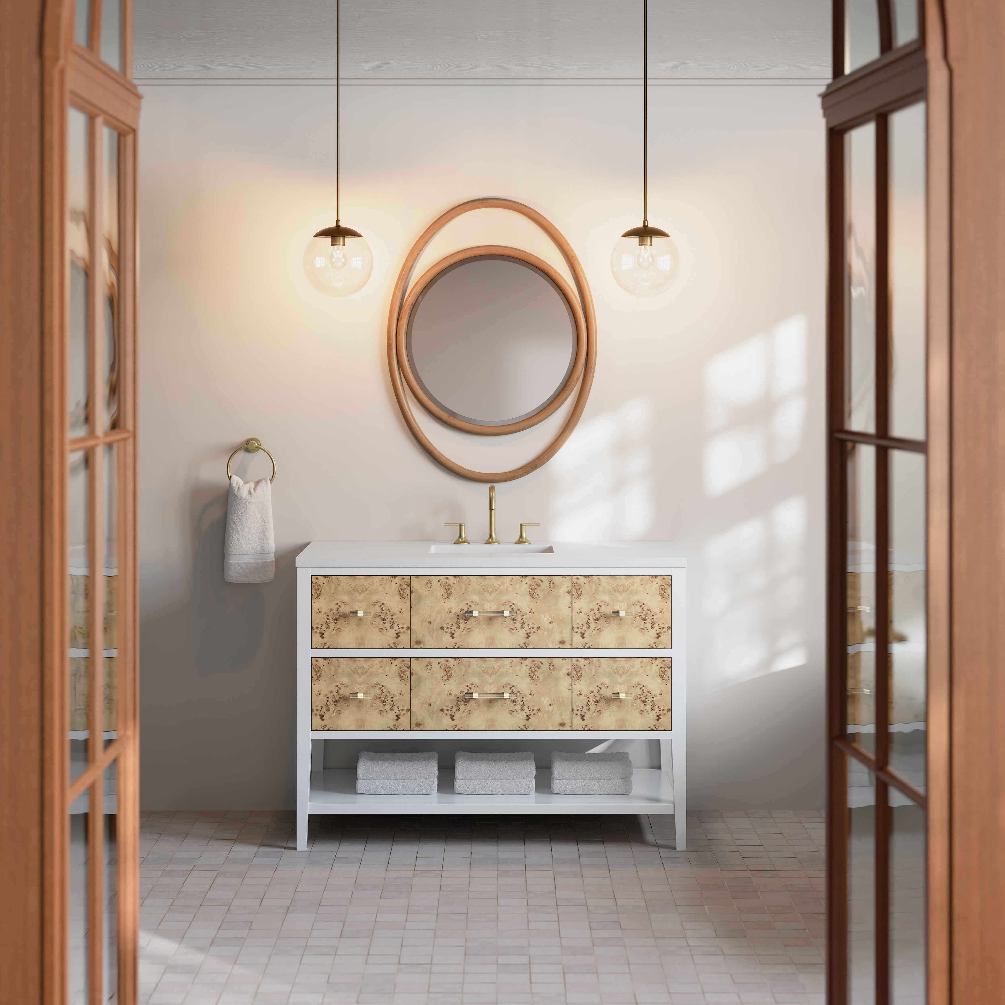 polished white and light mappa burl vanity