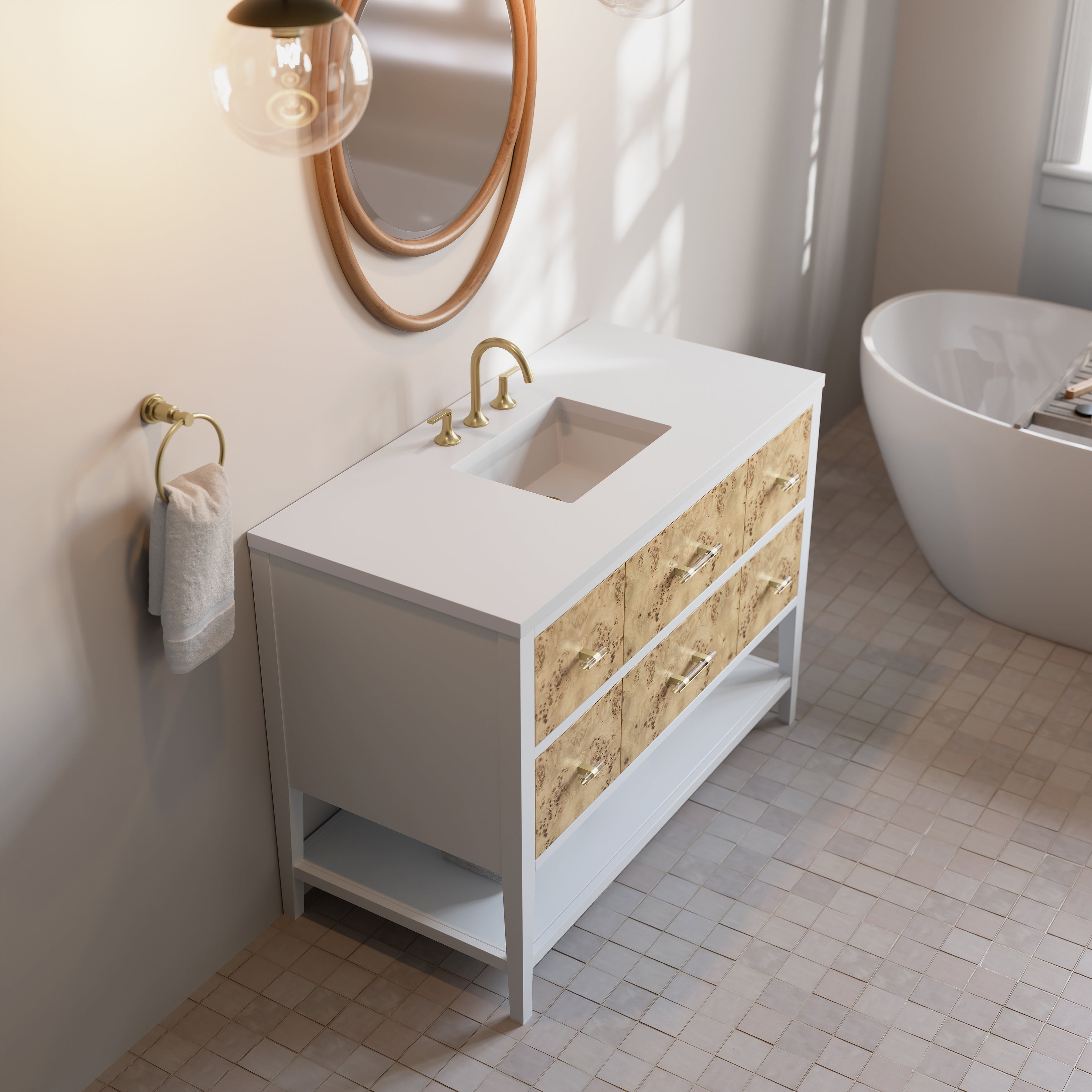polished white and light mappa burl vanity