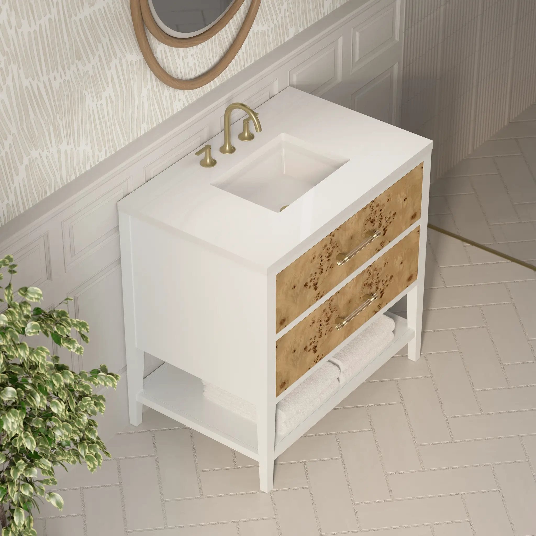 polished white and light mappa burl vanity