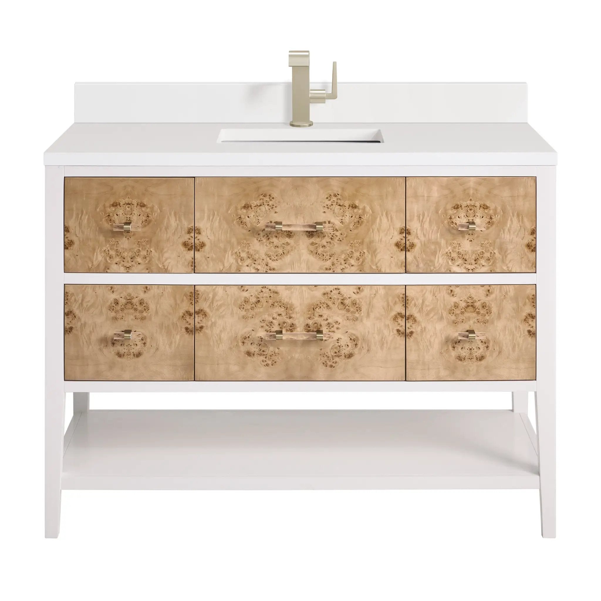 polished white and light mappa burl vanity