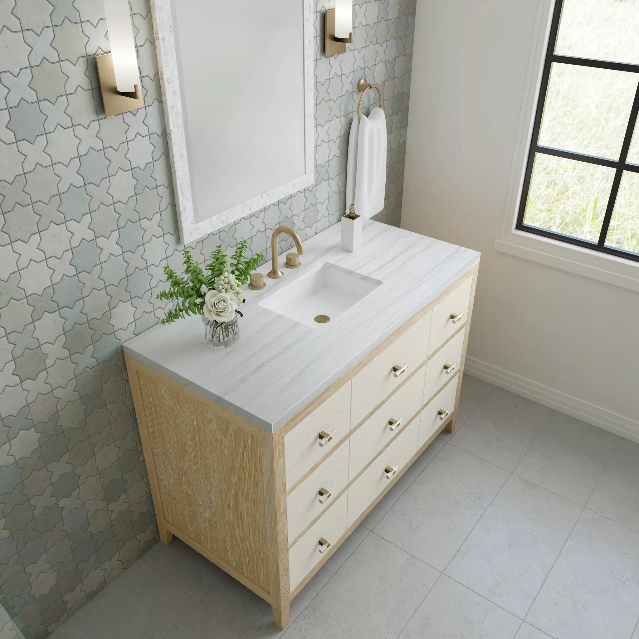 sunwashed oak with embossed shagreen drawer fronts vanity