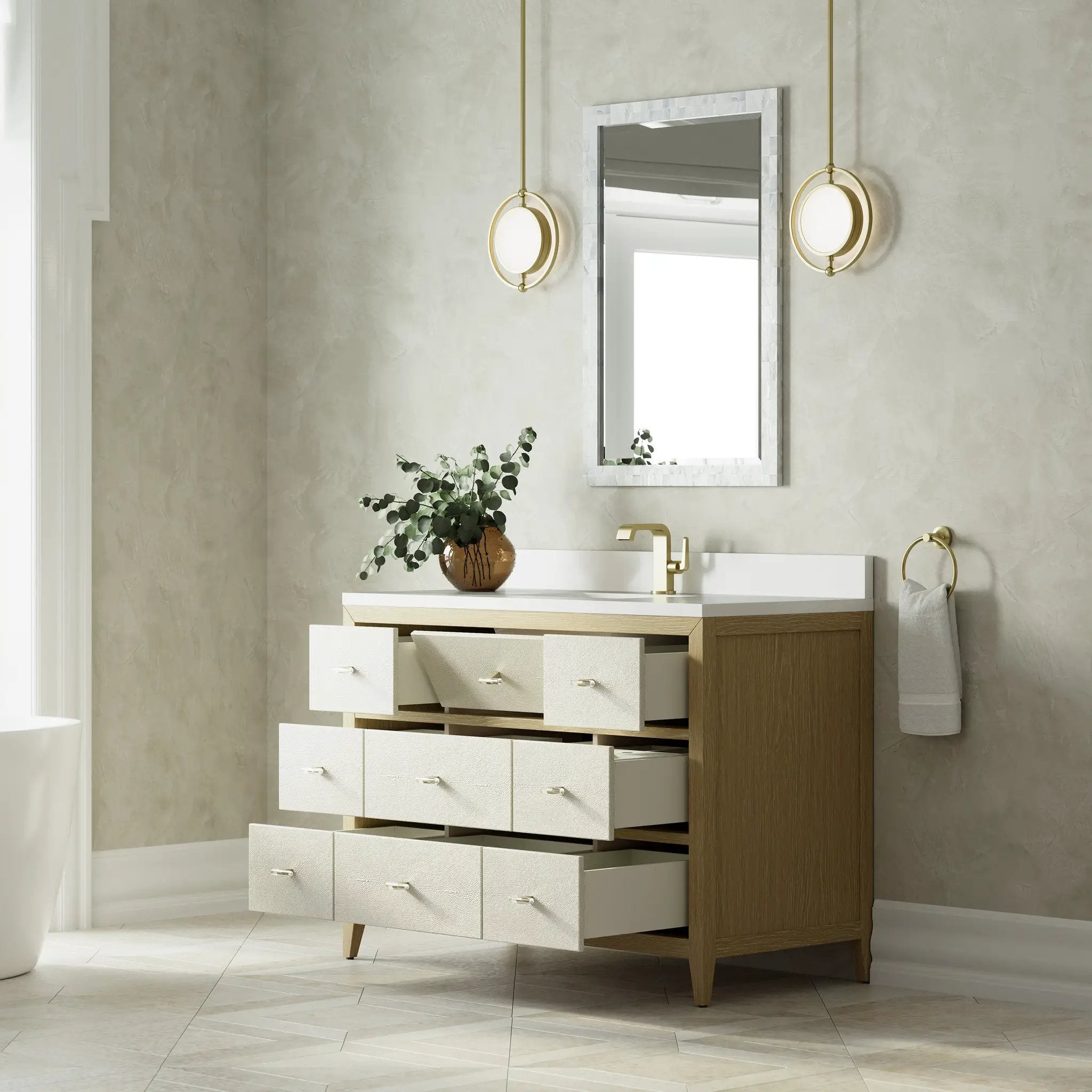 sunwashed oak with embossed shagreen drawer fronts vanity